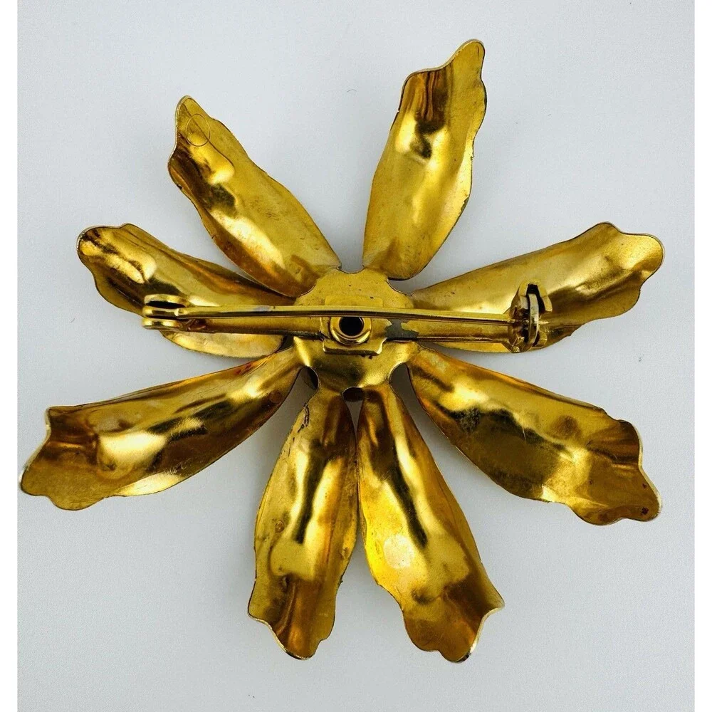 Vintage Flower Brooch Enamel  Floral Gold Tone Yellow Orange Pin 2.5”